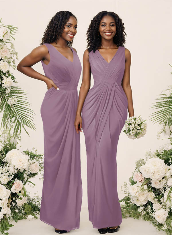 Sheath/Column V-Neck Sleeveless Floor-Length Chiffon Bridesmaid Dresses, product image 92