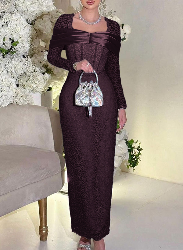 Sheath/Column Square Neckline Long Sleeves Ankle-Length Lace Bridesmaid Dresses, image 9