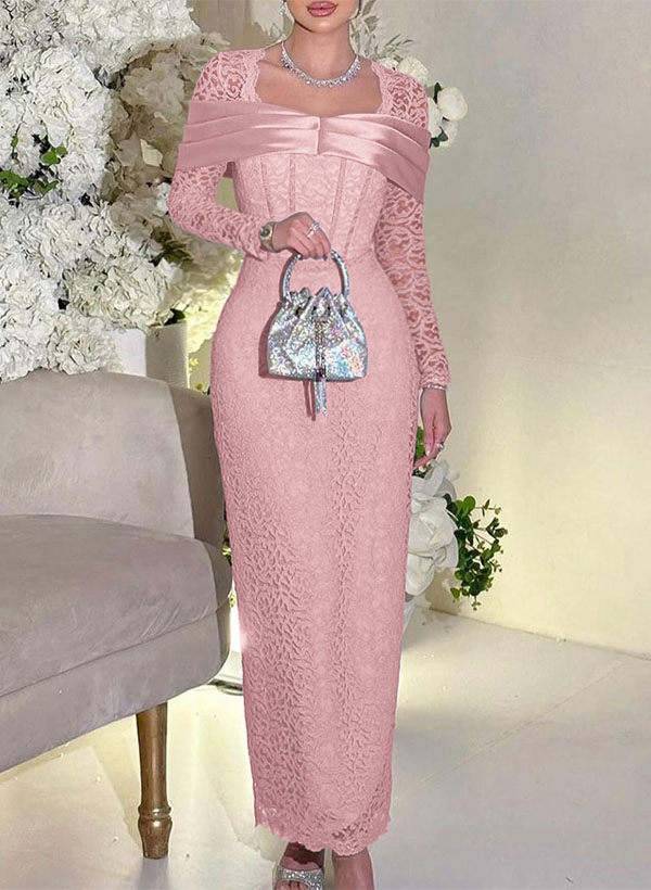Sheath/Column Square Neckline Long Sleeves Ankle-Length Lace Bridesmaid Dresses, image 5