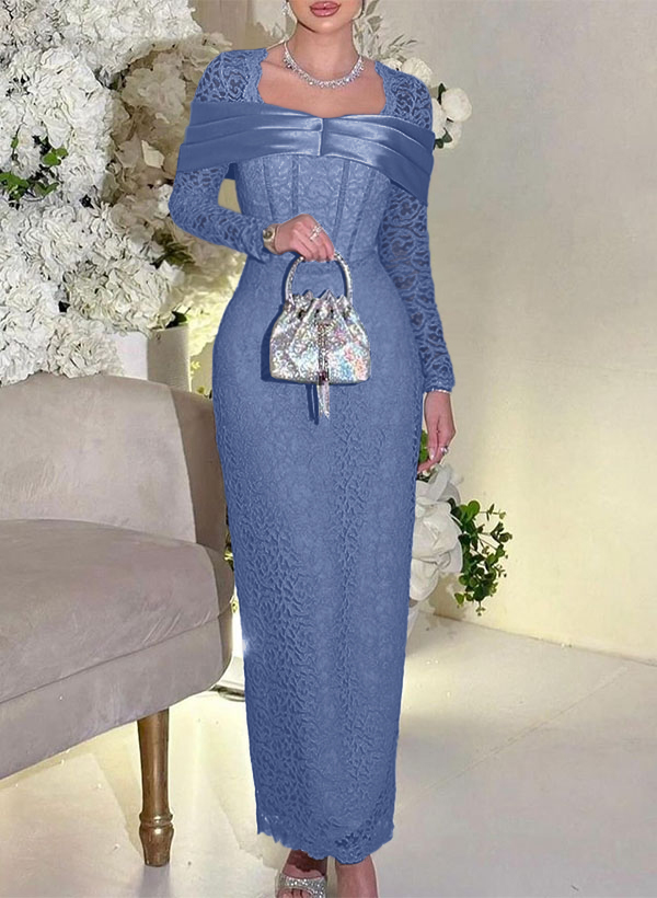 Sheath/Column Square Neckline Long Sleeves Ankle-Length Lace Bridesmaid Dresses, image 11
