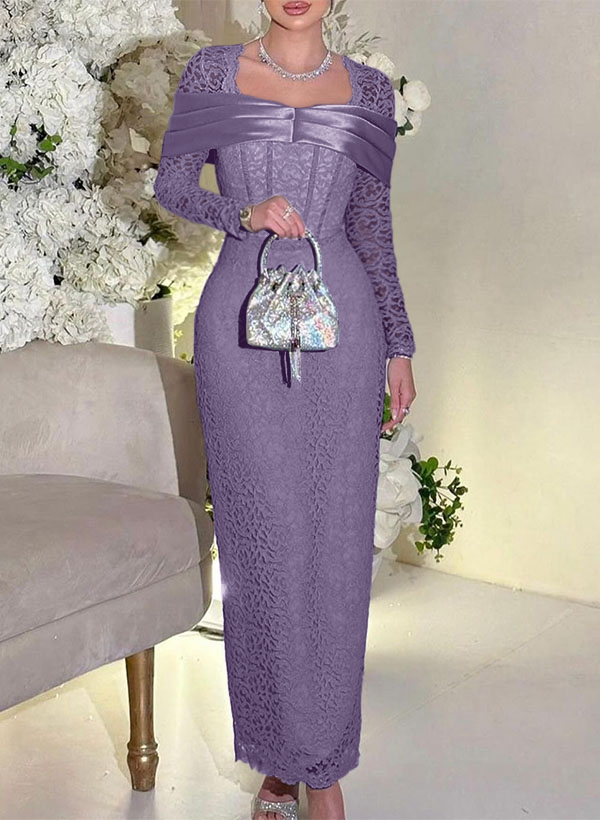 Sheath/Column Square Neckline Long Sleeves Ankle-Length Lace Bridesmaid Dresses, image 14