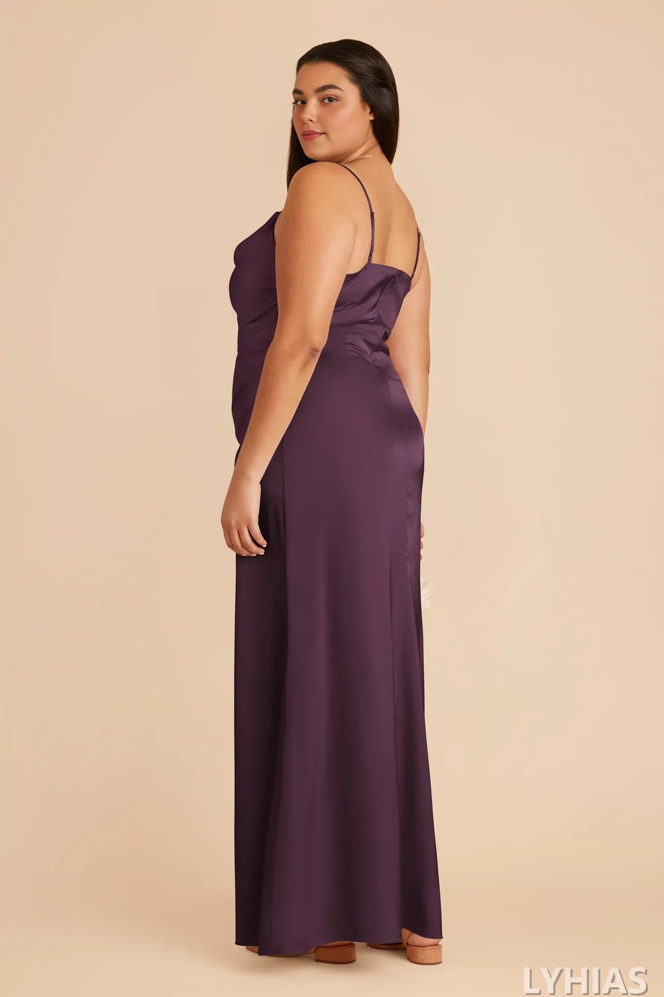 Burgundy Satin A-Line Cowl Neck Bridesmaid Dresses with Ruched Bodice & High Slit