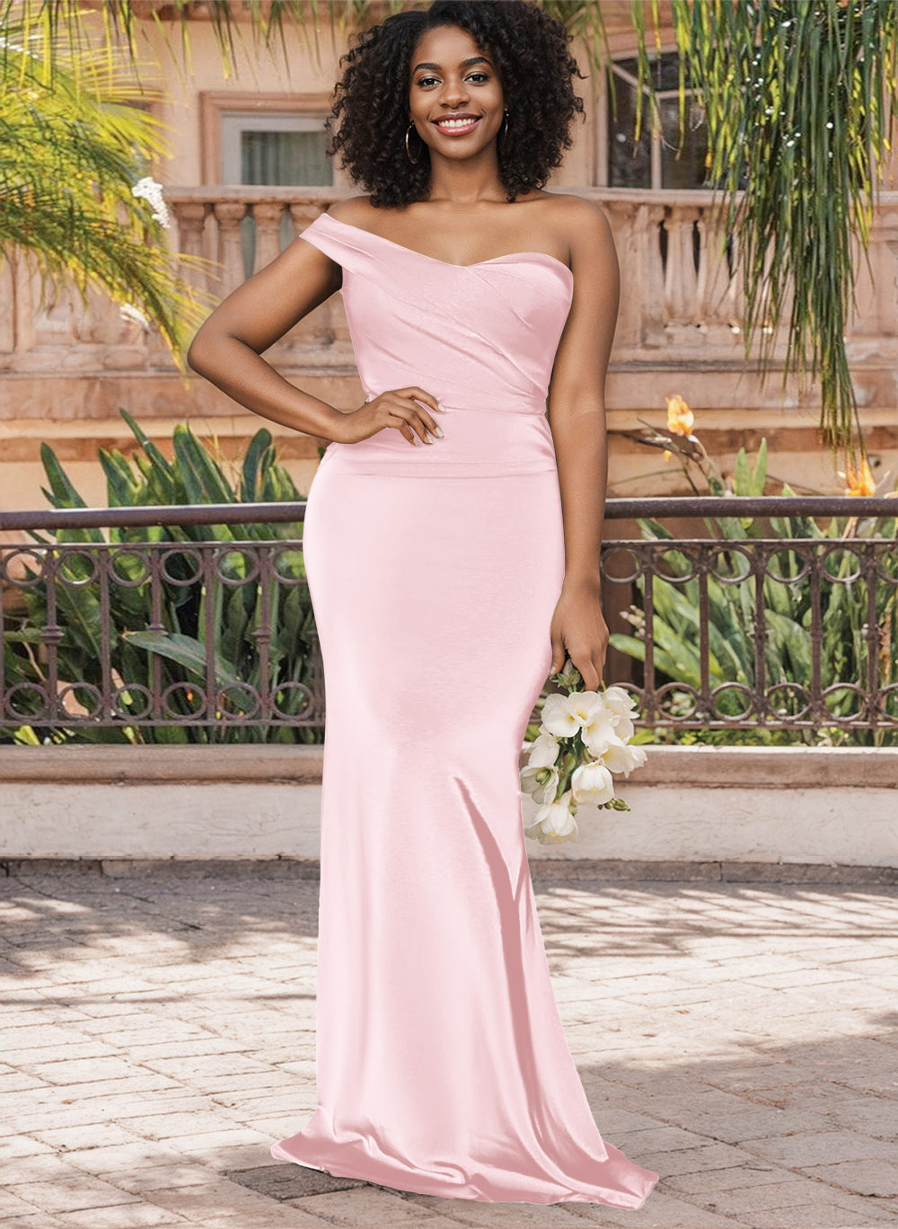 Trumpet/Mermaid One-Shoulder Sweep Train Silk Like Satin Bridesmaid Dresses