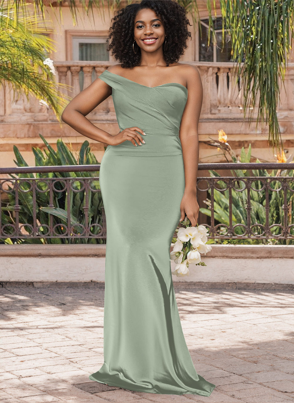 Trumpet/Mermaid One-Shoulder Sweep Train Silk Like Satin Bridesmaid Dresses