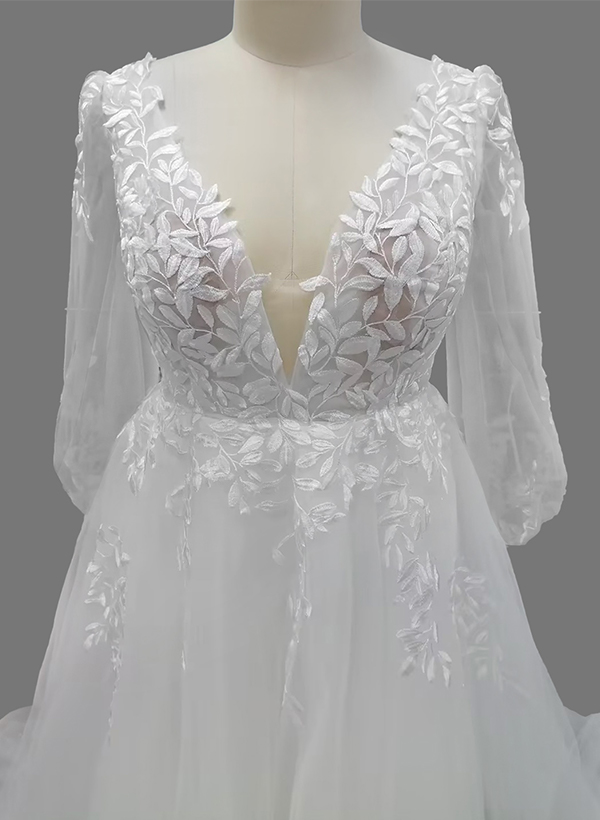 Boho Plus Size A-Line Long Sleeves Lace Wedding Dresses With V-Neck Sweep Train, product image 3