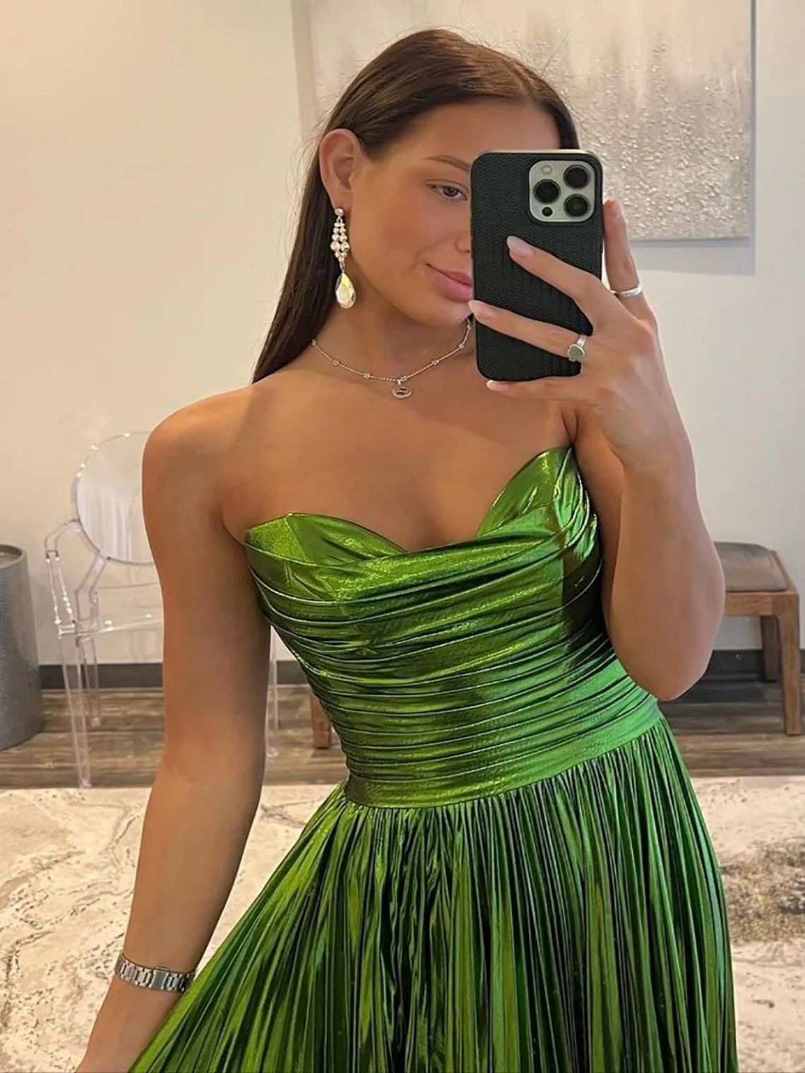 A-Line Metallic Green Strapless Zipper Back Long Prom Dress With Slit