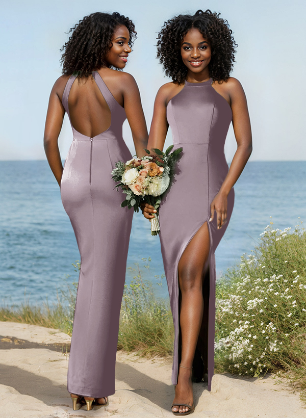 Sheath/Column Halter Sleeveless Silk Like Satin Bridesmaid Dresses With High Split