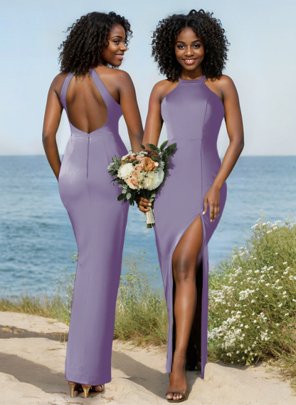 Sheath/Column Halter Sleeveless Silk Like Satin Bridesmaid Dresses With High Split