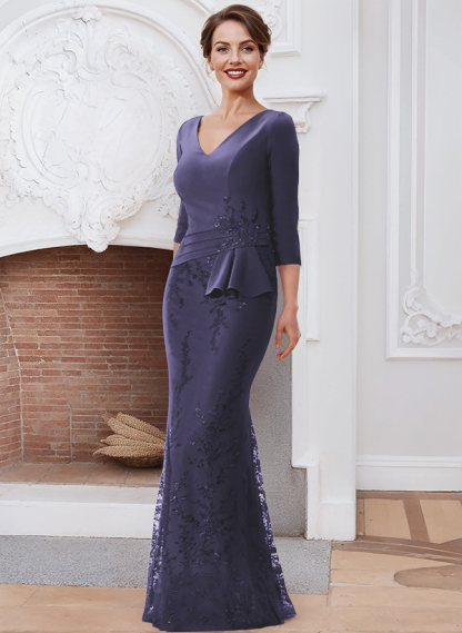Sheath/Column V-Neck Elastic Satin Mother Of The Bride Dresses With Lace
