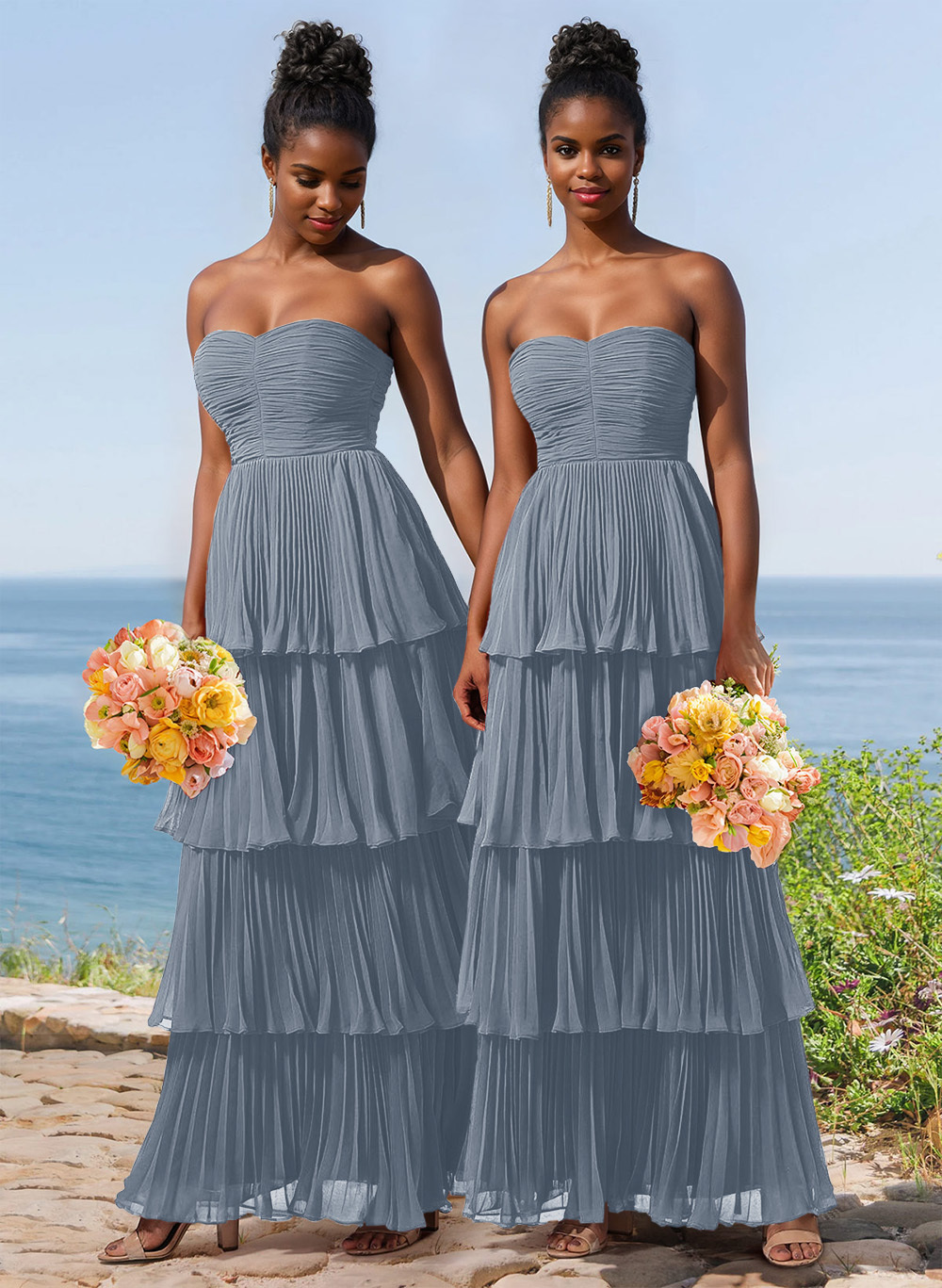 A-Line Strapless Sleeveless Floor-Length Chiffon Bridesmaid Dresses