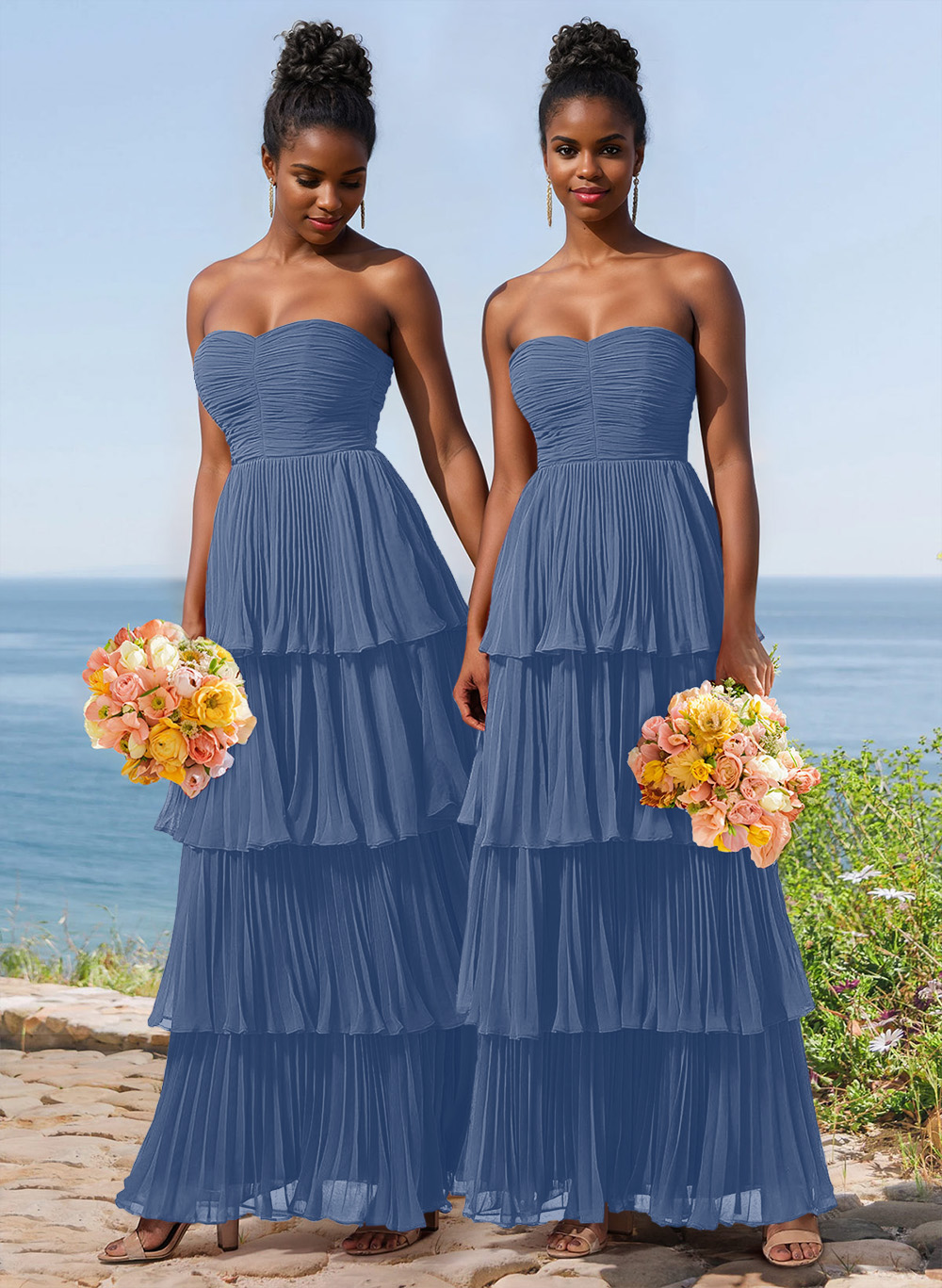 A-Line Strapless Sleeveless Floor-Length Chiffon Bridesmaid Dresses