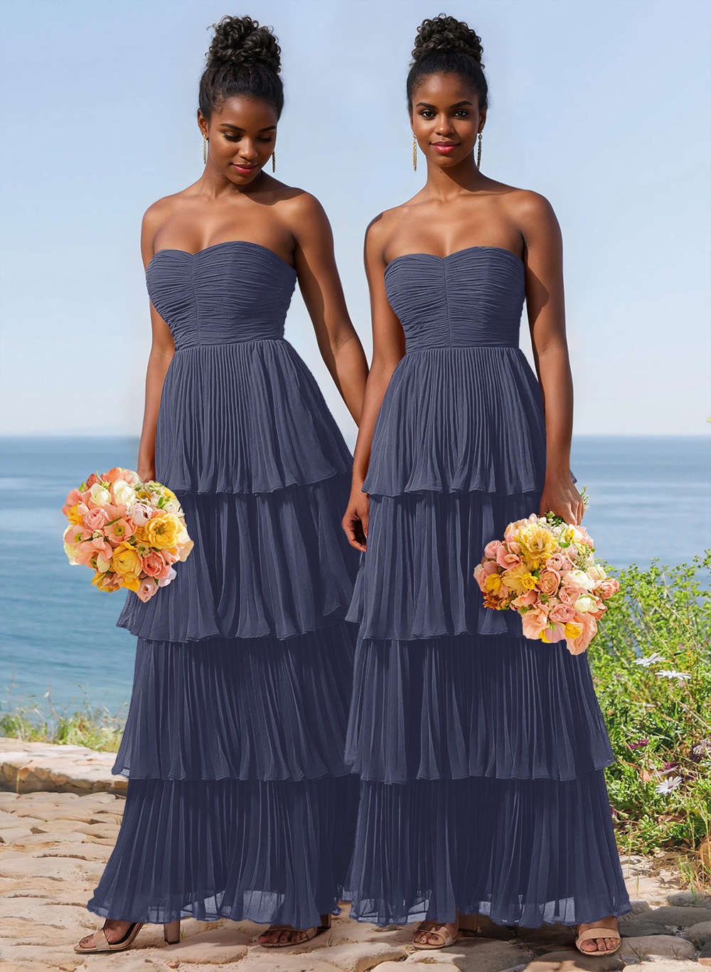 A-Line Strapless Sleeveless Floor-Length Chiffon Bridesmaid Dresses