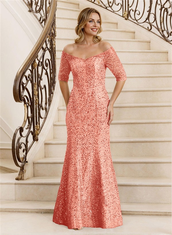 Sheath Off-The-Shoulder Floor-Length Sequined Mother Of The Bride Dresses