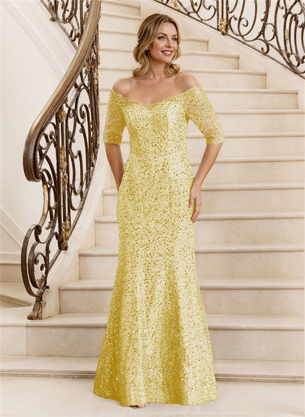 Sheath Off-The-Shoulder Floor-Length Sequined Mother Of The Bride Dresses