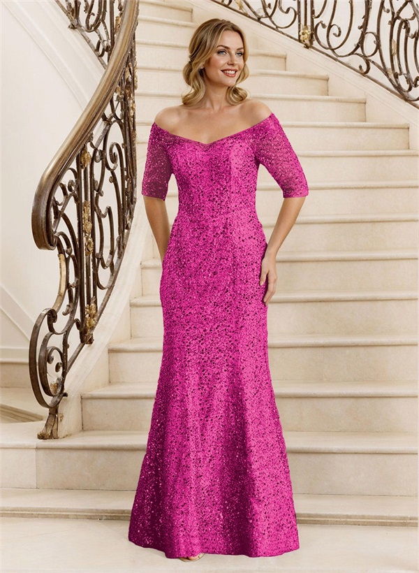 Sheath Off-The-Shoulder Floor-Length Sequined Mother Of The Bride Dresses