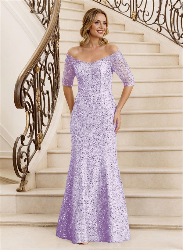Sheath Off-The-Shoulder Floor-Length Sequined Mother Of The Bride Dresses