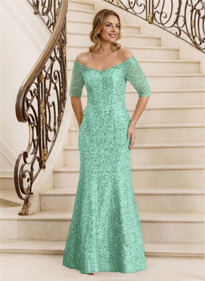 Sheath Off-The-Shoulder Floor-Length Sequined Mother Of The Bride Dresses