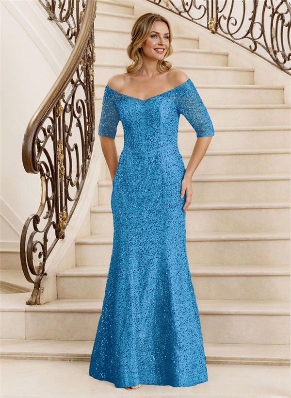 Sheath Off-The-Shoulder Floor-Length Sequined Mother Of The Bride Dresses