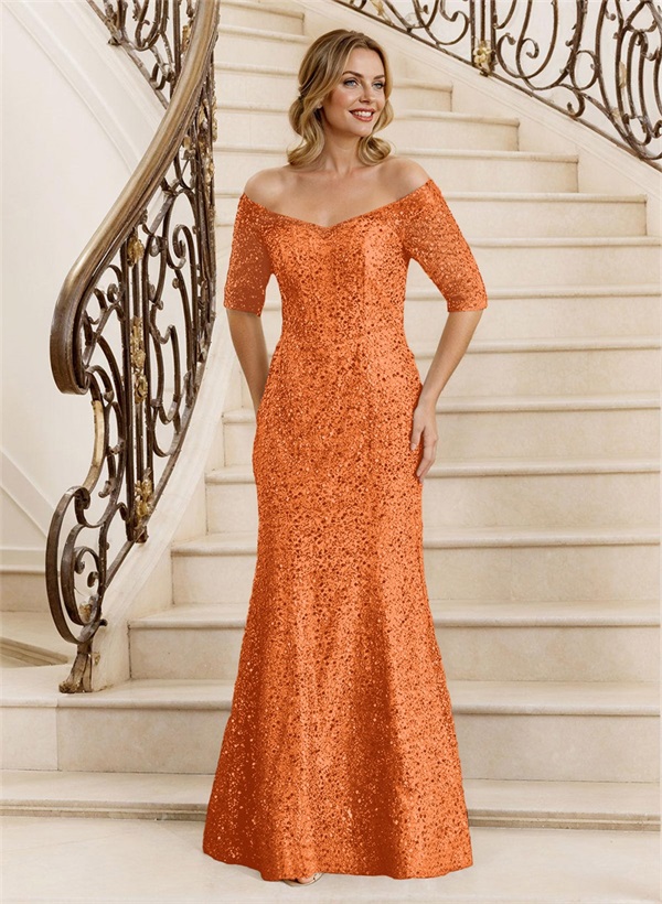 Sheath Off-The-Shoulder Floor-Length Sequined Mother Of The Bride Dresses