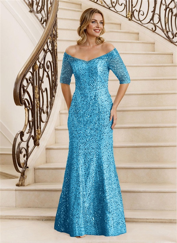Sheath Off-The-Shoulder Floor-Length Sequined Mother Of The Bride Dresses