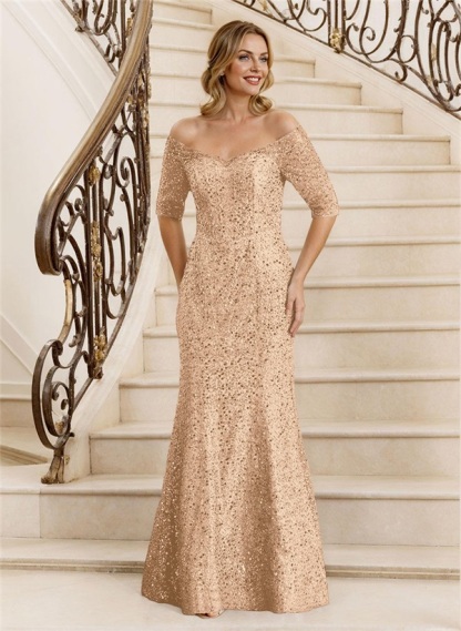 Sheath Off-The-Shoulder Floor-Length Sequined Mother Of The Bride Dresses