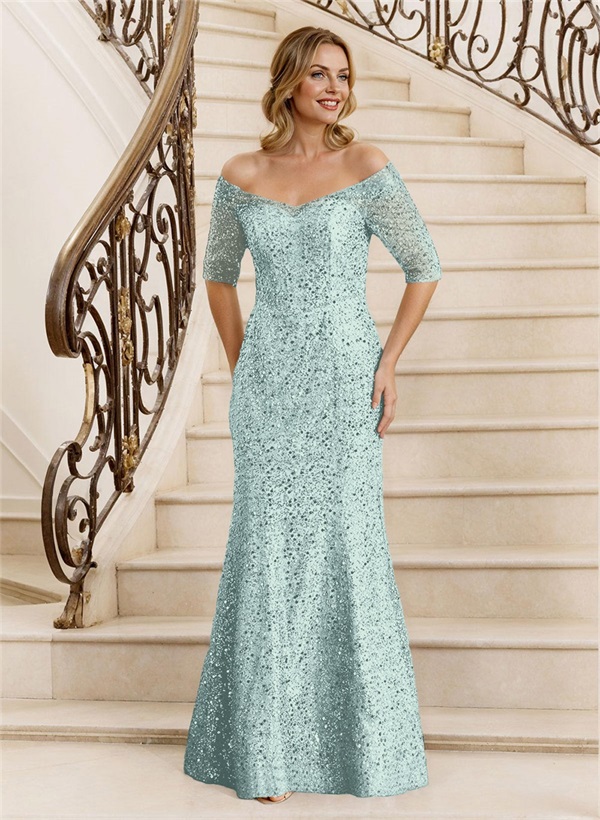 Sheath Off-The-Shoulder Floor-Length Sequined Mother Of The Bride Dresses
