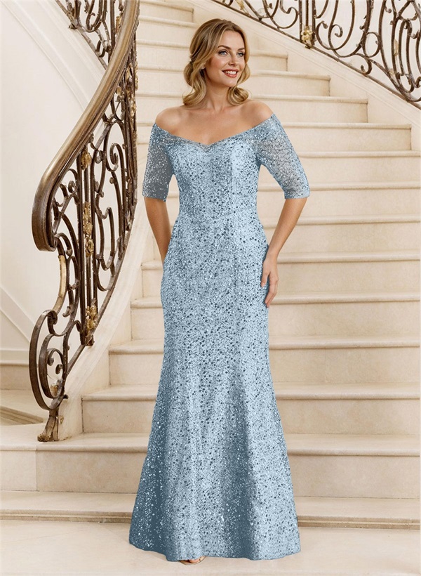 Sheath Off-The-Shoulder Floor-Length Sequined Mother Of The Bride Dresses