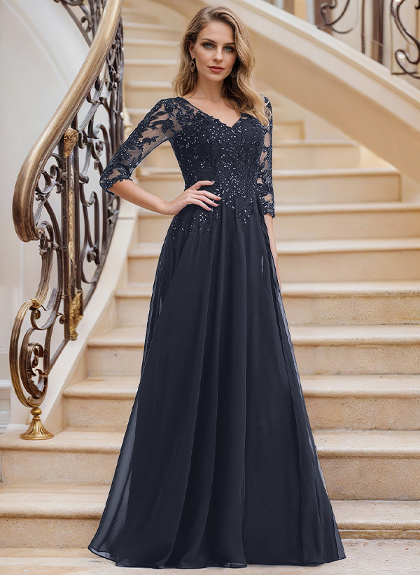 Elegant V-Neck 3/4 Sleeves Floor-Length Chiffon Mother Of The Bride Dresses With Appliques Lace