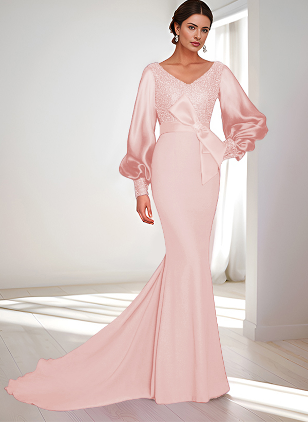 Mermaid V-Neck Long Sleeves Sweep Train Sequined Mother Of The Bride Dresses