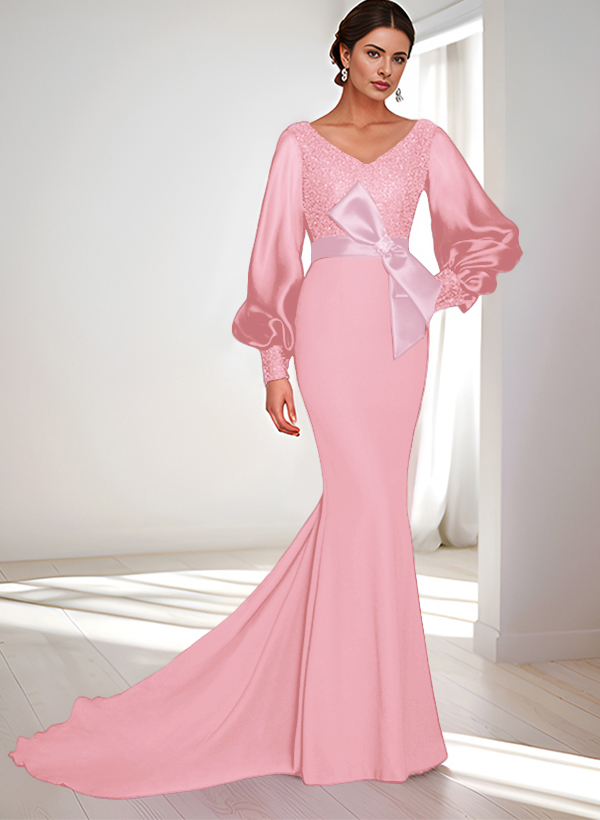 Mermaid V-Neck Long Sleeves Sweep Train Sequined Mother Of The Bride Dresses