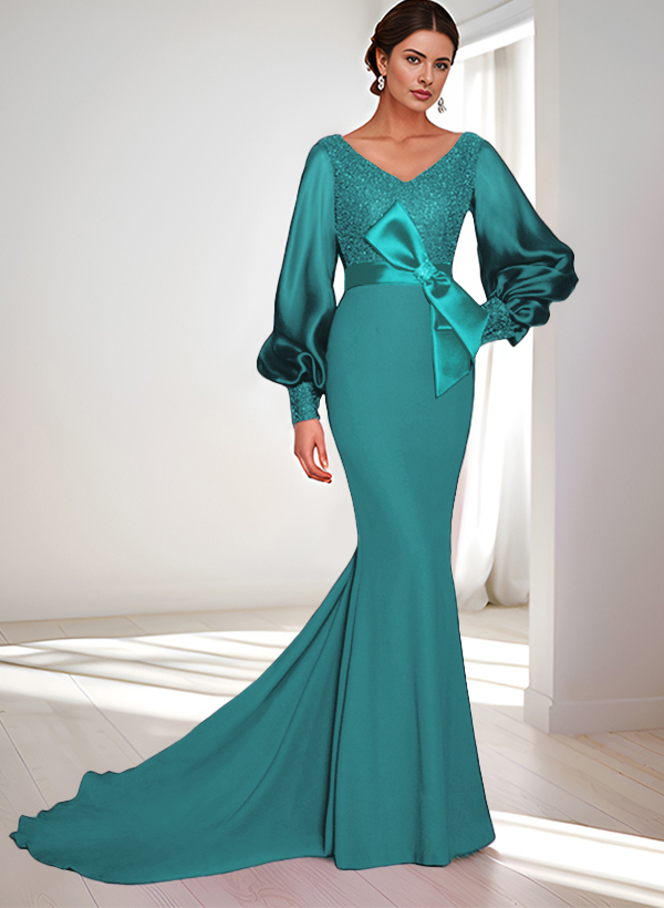 Mermaid V-Neck Long Sleeves Sweep Train Sequined Mother Of The Bride Dresses