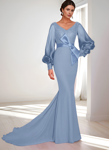 Mermaid V-Neck Long Sleeves Sweep Train Sequined Mother Of The Bride Dresses