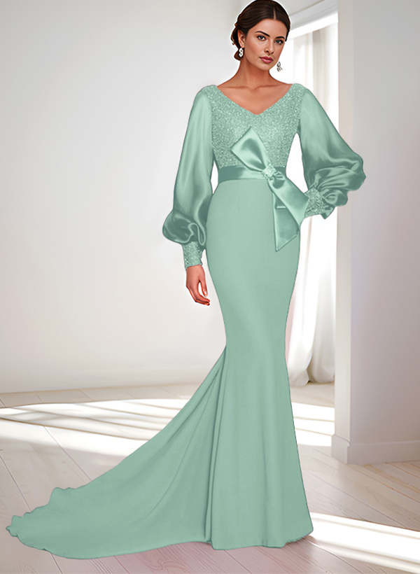 Mermaid V-Neck Long Sleeves Sweep Train Sequined Mother Of The Bride Dresses
