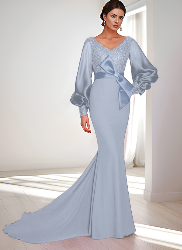 Mermaid V-Neck Long Sleeves Sweep Train Sequined Mother Of The Bride Dresses