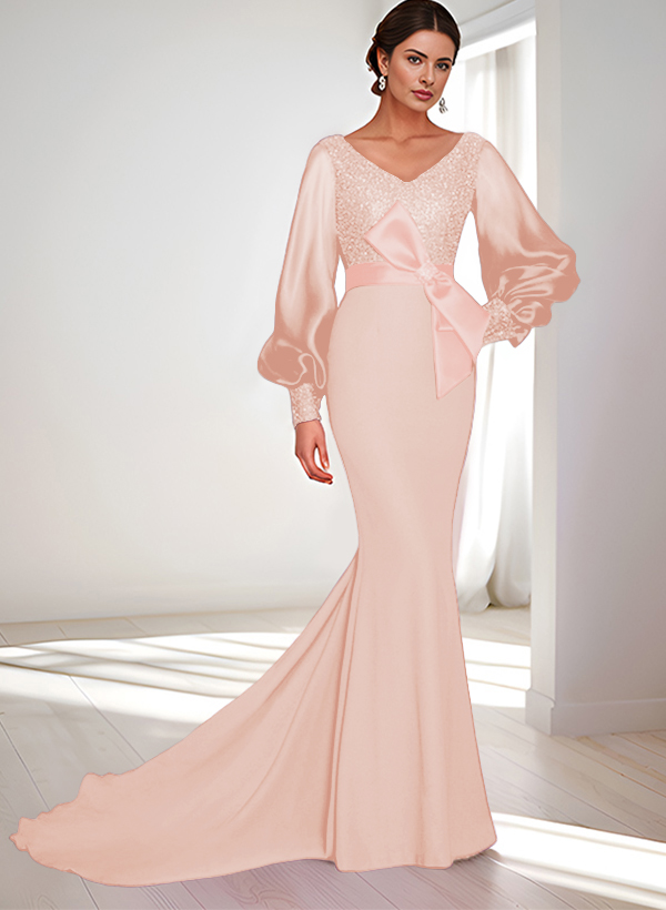 Mermaid V-Neck Long Sleeves Sweep Train Sequined Mother Of The Bride Dresses