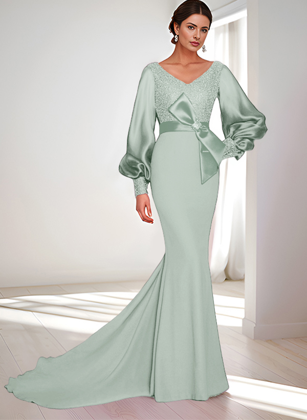 Mermaid V-Neck Long Sleeves Sweep Train Sequined Mother Of The Bride Dresses