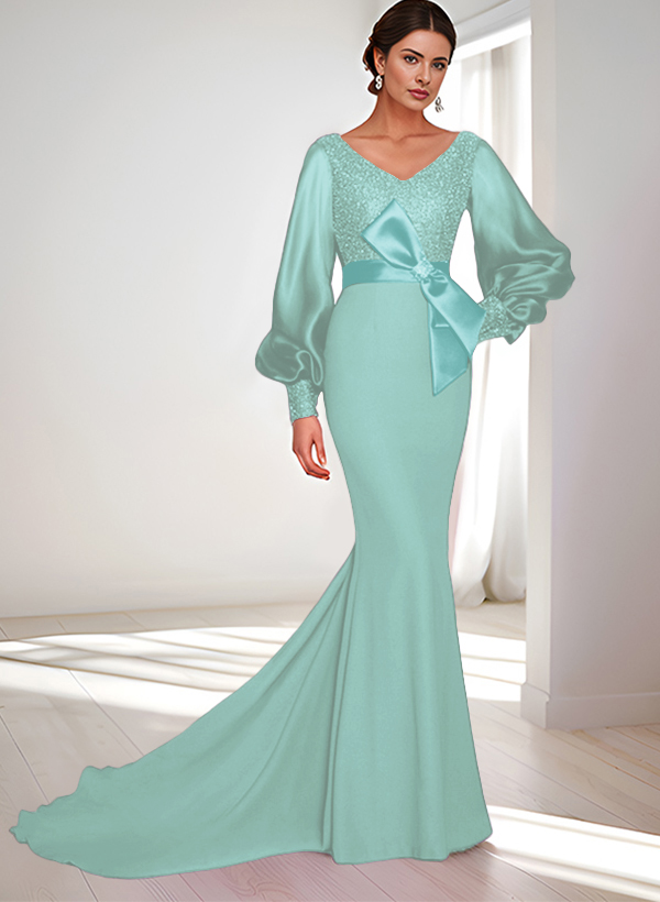 Mermaid V-Neck Long Sleeves Sweep Train Sequined Mother Of The Bride Dresses