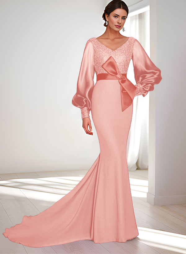 Mermaid V-Neck Long Sleeves Sweep Train Sequined Mother Of The Bride Dresses