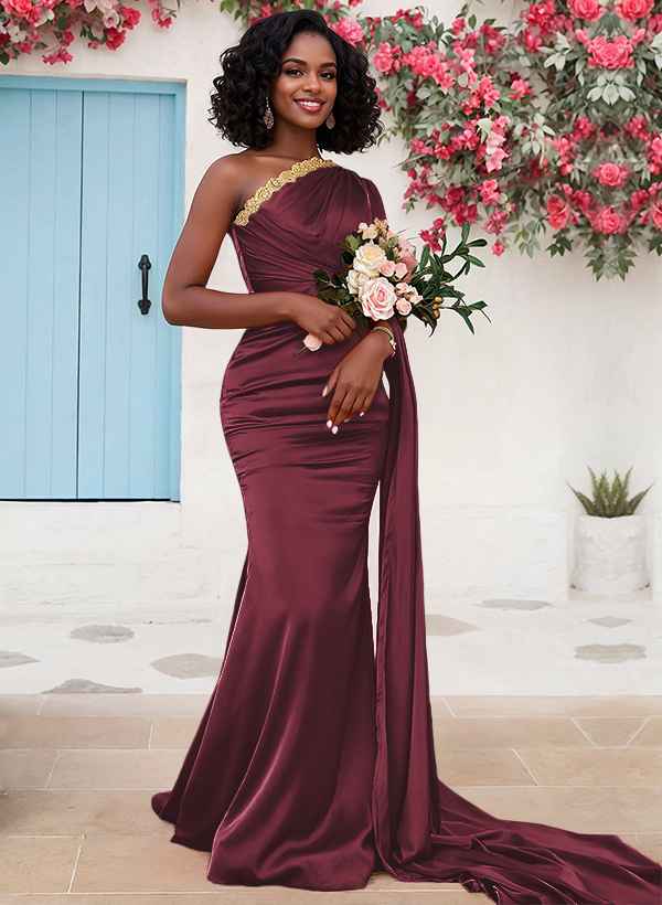 Trumpet/Mermaid Sleeveless Sweep Train Silk Like Satin Bridesmaid Dresses With Sweeping Side Drape, product image 47