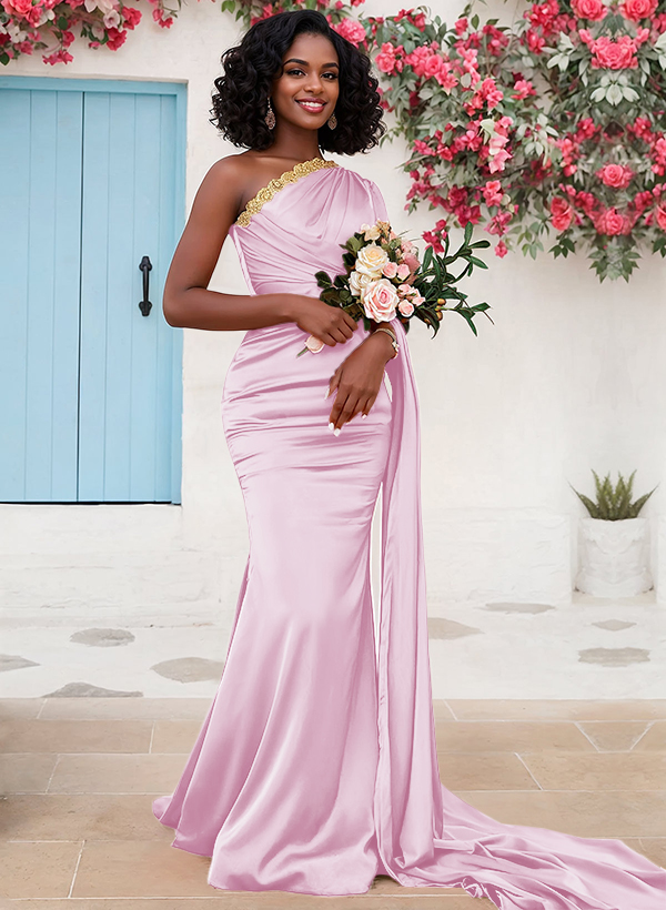 Trumpet/Mermaid Sleeveless Sweep Train Silk Like Satin Bridesmaid Dresses With Sweeping Side Drape, product image 15