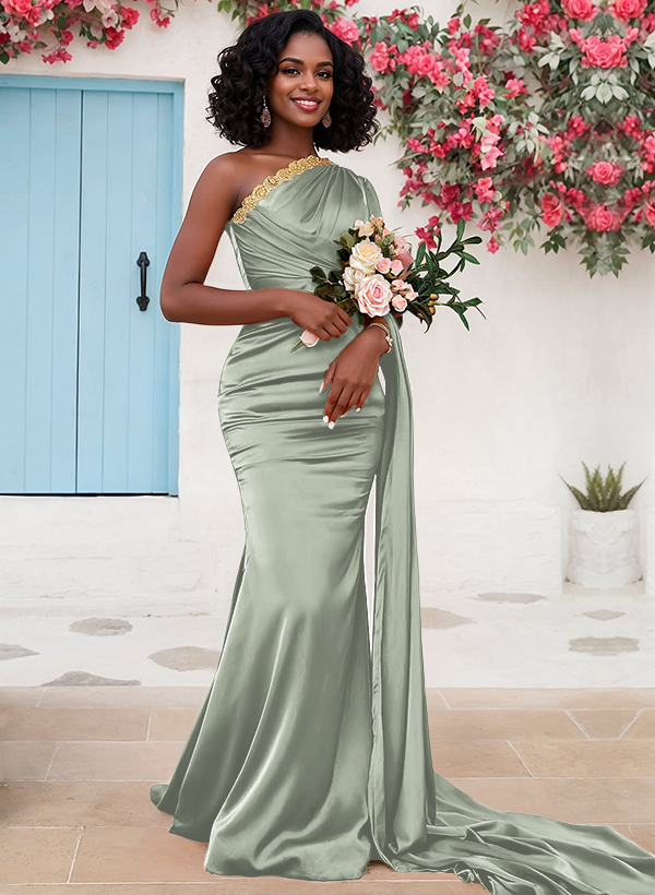 Trumpet/Mermaid Sleeveless Sweep Train Silk Like Satin Bridesmaid Dresses With Sweeping Side Drape, product image 44