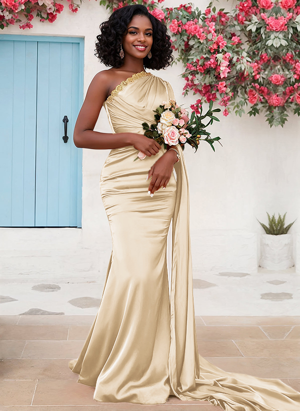 Trumpet/Mermaid Sleeveless Sweep Train Silk Like Satin Bridesmaid Dresses With Sweeping Side Drape, product image 39
