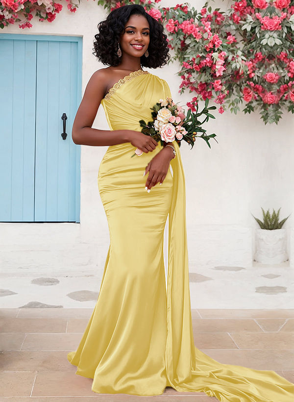 Trumpet/Mermaid Sleeveless Sweep Train Silk Like Satin Bridesmaid Dresses With Sweeping Side Drape, product image 25