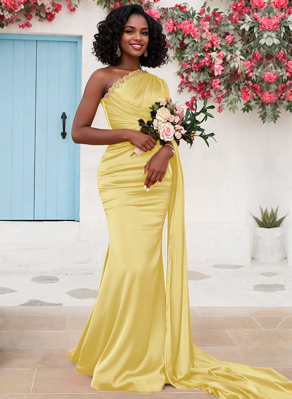 Trumpet/Mermaid Sleeveless Sweep Train Silk Like Satin Bridesmaid Dresses With Sweeping Side Drape, product image 25