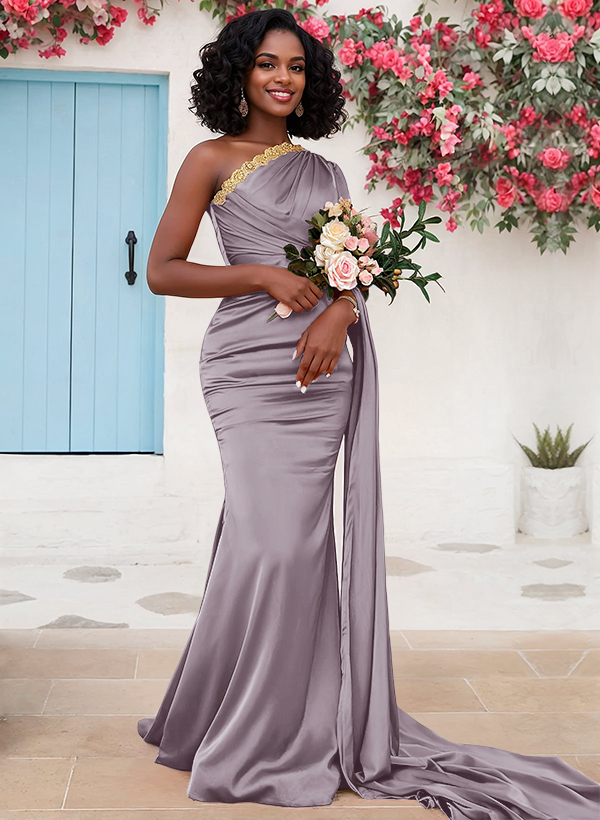 Trumpet/Mermaid Sleeveless Sweep Train Silk Like Satin Bridesmaid Dresses With Sweeping Side Drape, product image 35