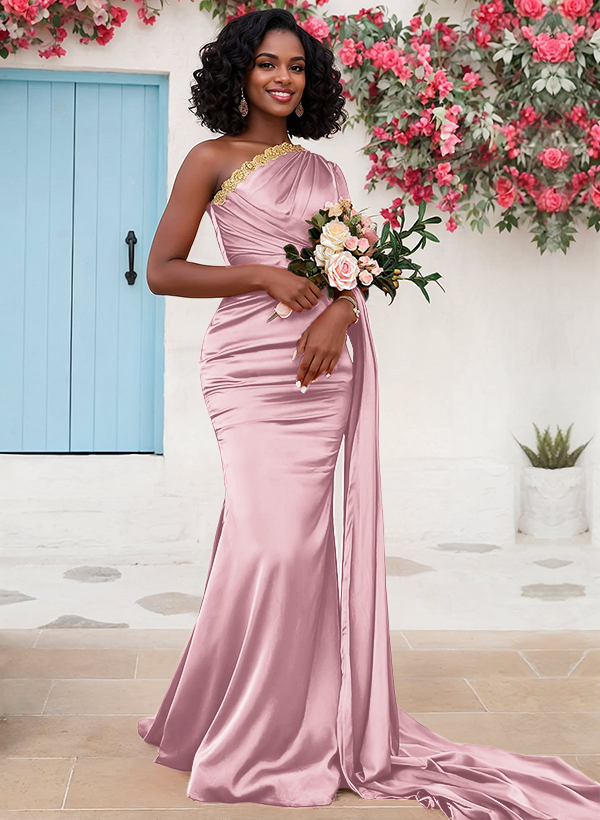 Trumpet/Mermaid Sleeveless Sweep Train Silk Like Satin Bridesmaid Dresses With Sweeping Side Drape, product image 49