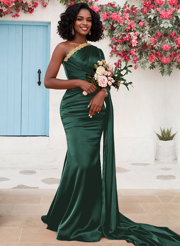 Trumpet/Mermaid Sleeveless Sweep Train Silk Like Satin Bridesmaid Dresses With Sweeping Side Drape, product image 3