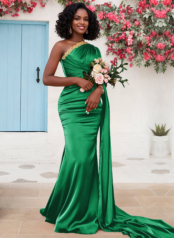 Trumpet/Mermaid Sleeveless Sweep Train Silk Like Satin Bridesmaid Dresses With Sweeping Side Drape, product image 4