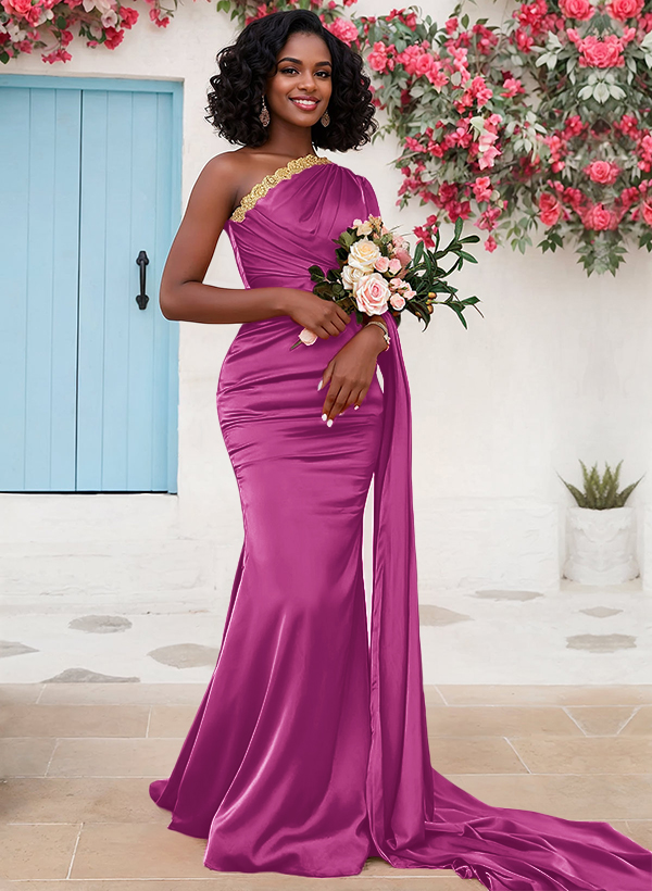 Trumpet/Mermaid Sleeveless Sweep Train Silk Like Satin Bridesmaid Dresses With Sweeping Side Drape, product image 19