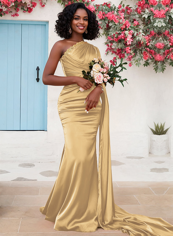 Trumpet/Mermaid Sleeveless Sweep Train Silk Like Satin Bridesmaid Dresses With Sweeping Side Drape, product image 16